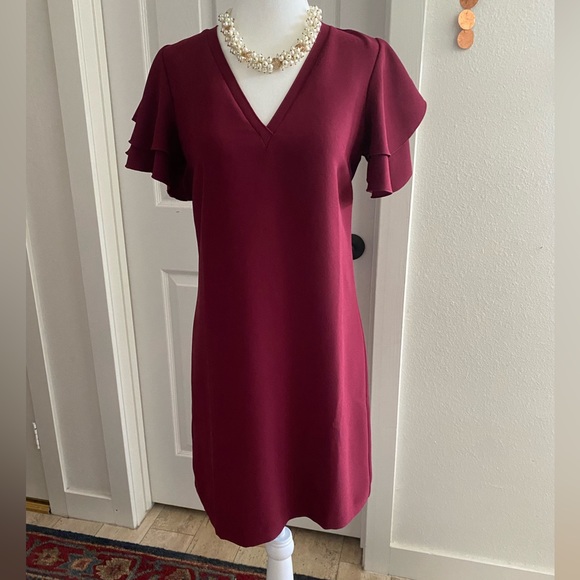 ANN TAYLOR Burgundy Flutter Sleeve Dress, Size 0P (zero Petite) - Picture 1 of 16